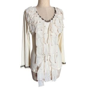 y2k cordelia cotton ribbed cream funky textured layered silk beaded long slv top